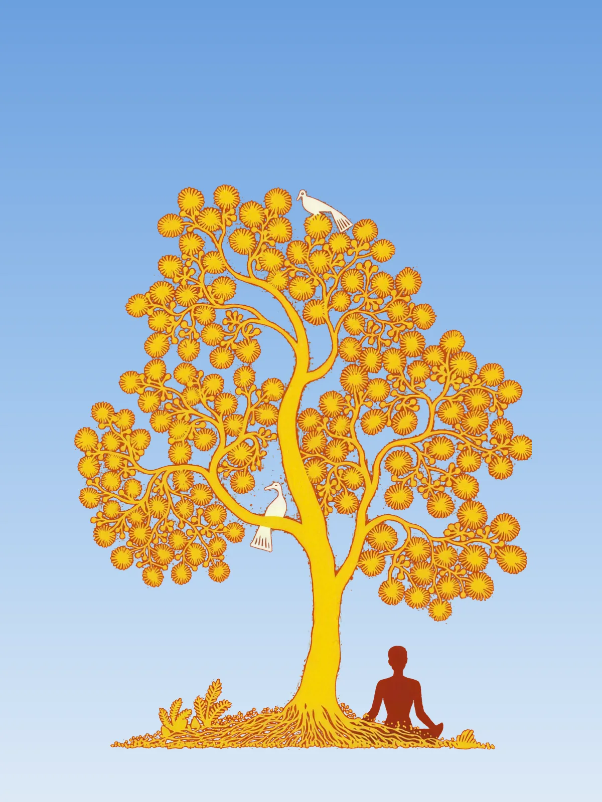 The golden tree from the cover of The Practice of Immortality, two doves in its branches and a figure meditating beneath it
